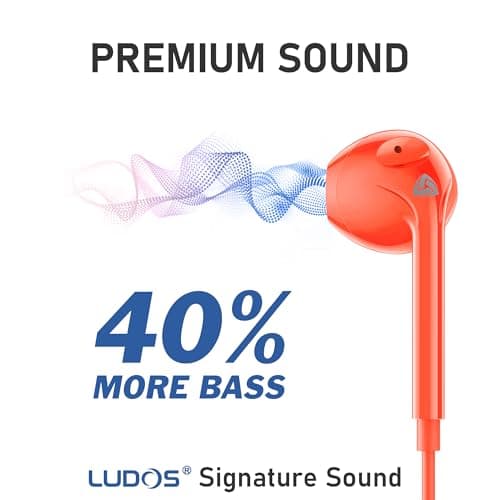 Ludos ZENITH Wired Earbuds in-Ear Headphones, 2 Year Warranty, Earphones with Microphone, Corded for 3.5mm Jack Ear Buds for iPhone, Samsung, Computer, Laptop, Kids, School Students, Woman - Coral — view 3