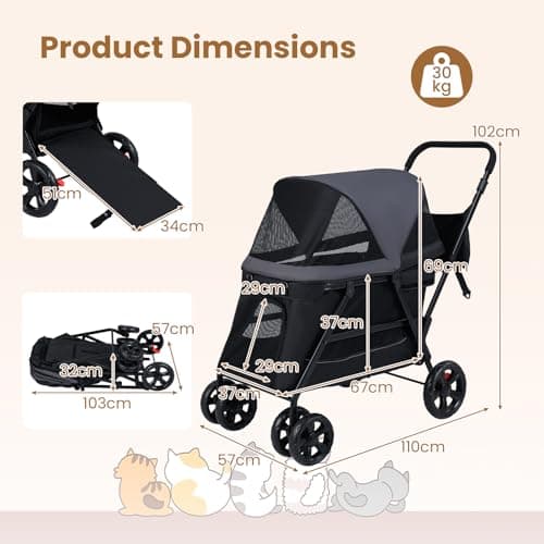 Maxmass Pet Stroller, Travel Dog Buggy with Adjustable Canopy, Safety Belt, Dual Entry and Ramp, Foldable Puppy Pushchair for Small Medium Dogs Cats — view 4