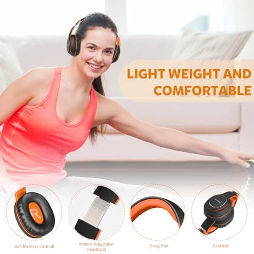 WorWoder Wireless Headphones Over Ear, 80 Hours Playtime Bluetooth Headphones, Hi-Fi Stereo Sound with Microphone, Lightweight Headset with Deep Bass for Travel Work PC Cellphone（Black-Orange） — view 4