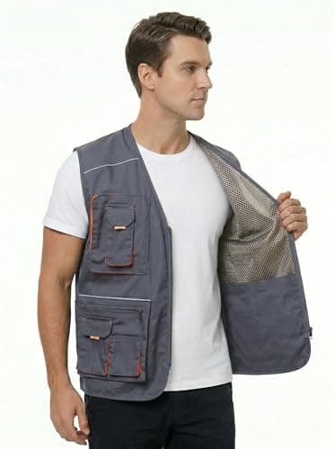 KTWOLEN Men's Work Vest Carpenters Tool Multi-Pocket Safety Vest Construction Mechanics Sleeveless Work Gilet, Grey, L — view 2