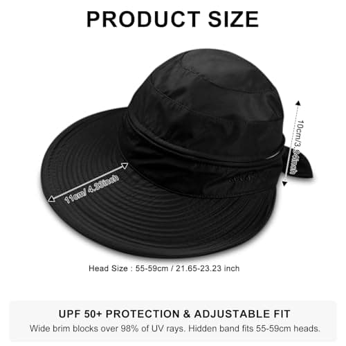 ADUDVLO Sun Hats for Women UK, Stylish UPF 50+ 2-in-1 Detachable Top & Adjustable Visor, Foldable Packable Wide Brim Beach Hat for Travel & Outdoor (Black) — view 2