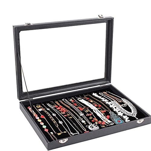 Retro Classic Jewelry Box Necklace Tray Storage Display Stackable Glass Top Lockable Black Velvet es Necklace Holder with Lockfor Women Gift