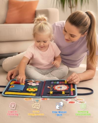 BZGG 4-Page Busy Board & Busy Book Montessori Toy, Sensory Activity Board for Fine Motor Skills, Travel Toy for Car Plane, Gift for Toddlers Boys Girls (Bule) — view 4