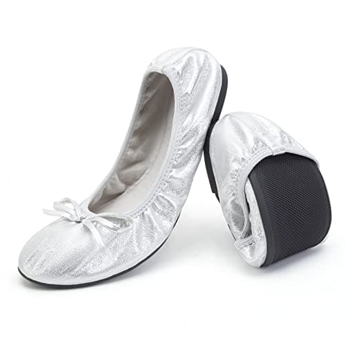 Greatonu Women's Ballet Pumps Comfort Foldable Portable Travel Slip on Slipper Bow Tie Flats Shoes Silver UK 5