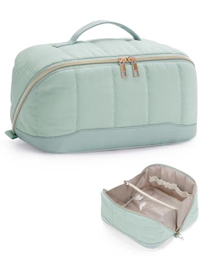Travel Makeup Bag Large Quilted Cosmetic Organizer with Brush Compartments & Handle, Wide-Open Toiletry Bag for Women, Green
