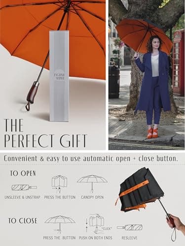 ENGLISH SUMMER Luxury Windproof Umbrella for Rain & Sun: Strong, Automatic, Extra Large Canopy, Vented, Portable Folding, Quality, Real Wooden Handle (Charcoal & Burnt Orange) — view 4