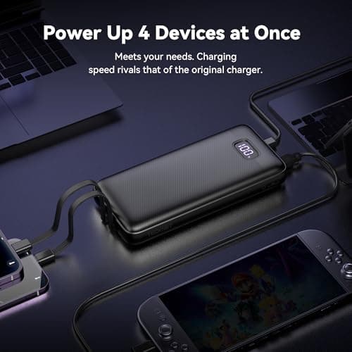 TECKNET Power Bank, 20000mAh 22.5W Fast Charging Portable Charger with Built-in 2 Cable, USB-C Powerbank with LED Display & 4 Outputs, PD 3.0 QC 4.0 Travel Battery Pack for iPhone/iPad/Android Devices — view 4