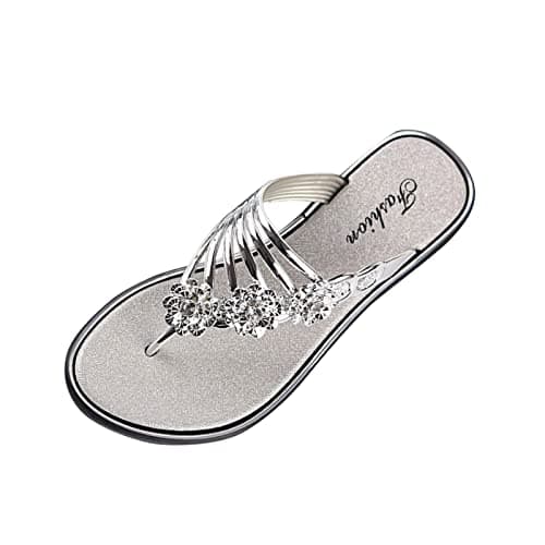 BFYSFBAIG Women's Diamante Sandal Glitter Slides Mules Summer Thong Sandals Stylish Flat Sandals Sparkly Flip-Flop Beach Shoes (Silver, Adult, Women, 6, Numeric, UK Footwear Size System, Medium)