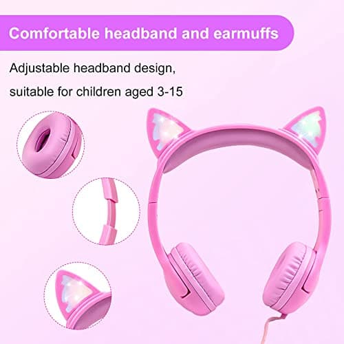 Olyre Kids Wired Headphones with Mic, LED Cat Ears, Girls, Toddlers, Pink — view 5