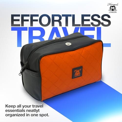 Haryali London Water-Resistant Leather Toiletry Bag for Men Large Travel Wash Bag Shaving Dopp Kit Bathroom Gym Toiletries Makeup Organizer (Orange) — view 2