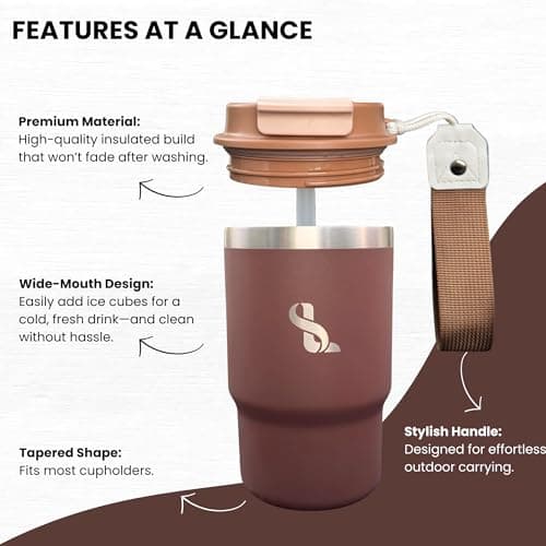 SimplyLivin Insulated Coffee Cup Travel Mug 480ml 16oz | Tumbler Flask with Straw & Spout Lid | Leakproof | 8H Hot 12H Cold | Reusable Coffee Cup | Stainless Steel Tumbler | Gift | Coffee Brown — view 4