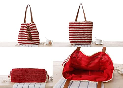 Hixingo Women Straw Bag, Summer Beach Large Hand-Woven Shoulder Bag Bohemian Stripe Straw Bag Crossbody Bag Zipper Tote Bag for Gift Holiday Travel Shopping (40x31x23cm,Grey) — view 4