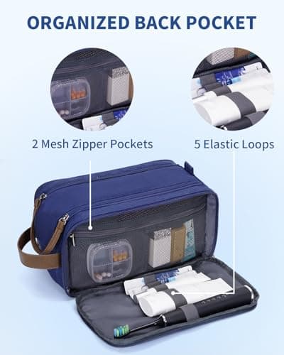 WANDF Toiletry Bag for Men Travel Wash Bag Toiletry Organizer Canvas and PU Leather Dopp Kit Water-Resistant Shaving Kit for Travel Accessories (Blue, Patent Pending) — view 4