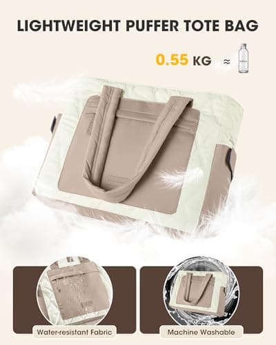 RAINSMORE 15.6 Inch Puffer Laptop Tote Bag for Women Large Quilted Cloud Bag with 15 Pockets and Luggage Sleeve Lightweight Water-Resistant Work Handbag for Teacher, Travel, Gym, School Khaki White — view 4