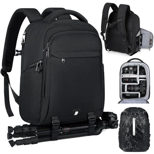 RAINSMORE Camera Bags for Photographers Camera Backpack with 14 inch Laptop Compartment Professional DSLR SLR Camera Bag Raincover Men Women for Canon Nikon Sony Black