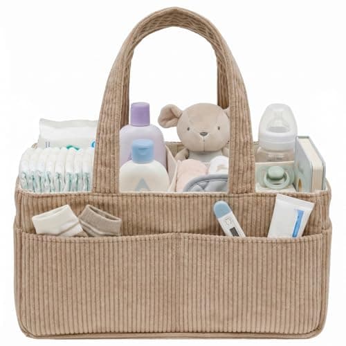 Baby Diaper Caddy Organizer for Changing Table, Portable Corduroy Nappy Storage Basket with Handle, Newborn Essentials Must-Haves, Baby Shower Gifts for Boys Girls Nursery Car Storage Bag(Khaki)