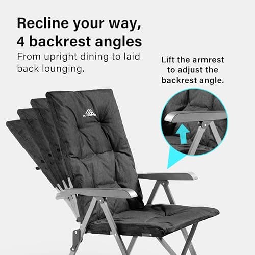 Luxury Adjustable Camping Chairs 2 Set for Adults Heavy Duty Outdoor 4-Position High Back Oversized Garden Padded Folding Chair for Caravan Dining Beach Picnic Fishing 150kg Load Capacity Black — view 4