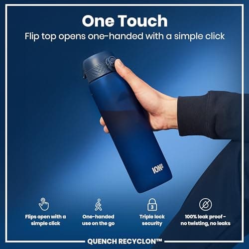 ION8 1 Litre Water Bottle, Leak Proof, Flip Lid, Carry Handle, Rapid Hydration, Dishwasher Safe, BPA Free, Contoured Grip, Ideal for Travel, Gym & Activity, Carbon Neutral Recyclon, 32 oz, Navy Blue — view 3