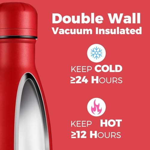 Volhoply 500ml Insulated Stainless Steel Water Bottle, Double Wall Vacuum Flask, Keeps Cold 24h & Hot 12h, Available in Packs of 1 or 4（Red,1 Pack） — view 3