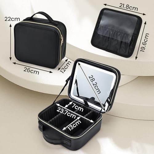 Travel Makeup Bag with Mirror Makeup Case Make Up Organiser Box with Adjustable Compartment Vanity Case Portable Cosmetic Bag Brightness in 3 Color Modes LED Light Mirror, Black — view 5