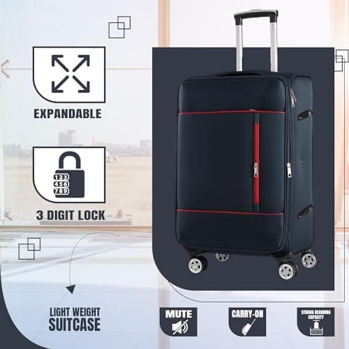 CMY Cabin Suitcase Soft Shell Super Light Weight 4 Spinner Double Wheels Durable Luggage Carry On Expandable 3 Digit Combination Lock 20 Inch (Navy) — view 2