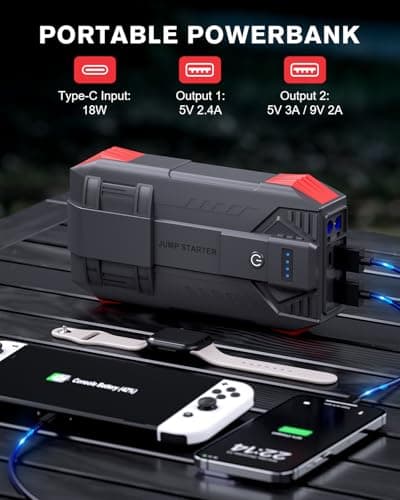 Povasee Jump Starter Power Pack, 6000A Car Battery Booster Jump Starter Power Bank (up to 10L Petrol/8L Diesel), 12V Jump Pack Car Starter with Jump Leads, Emergency LED and 2 USB Ports — view 3