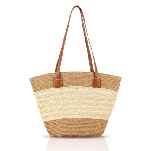 Pahajim Straw Tote Bags for Women with Zip Woven Raffia Handbag Brown