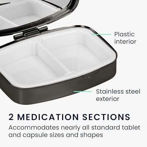 kwmobile 2X Pill Box Stainless Steel Black - Portable Travel Box, Organizer for Tablets, Supplement Holder, Metal Case Storage, 2 Compartments for Medicine — view 3