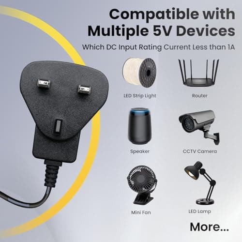 UKCA Certified 5V 1A 1000mA 5W Power Supply Adapter with 8 Tips (1.8M Cord), 5V 0.5A 0.8A Transformer, AC DC Switching Adapter for Radio, LED Light, Turntable, Baby Monitor, Router, and More — view 6
