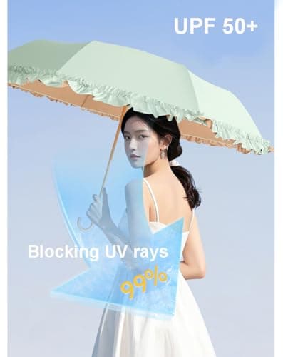 LCY Floral Edge Folding Umbrella Anti-UV Parasol with Hook Handle Sunproof Rainproof & Windproof Umbrella-Light Green&Khaki — view 2