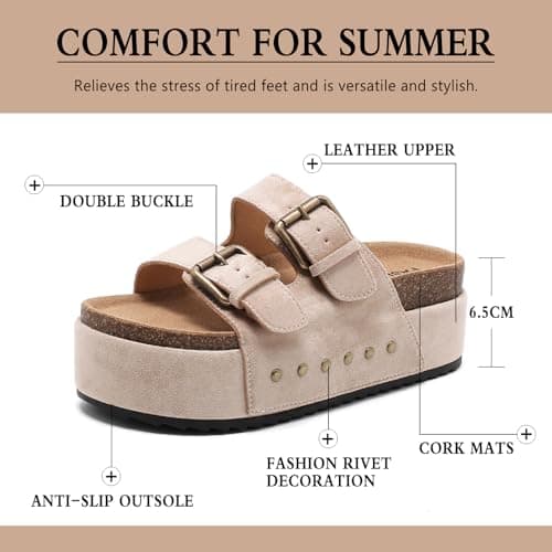 Women's Platform Sandals Cork Footbed Adjustable Double Buckle Slides — view 4