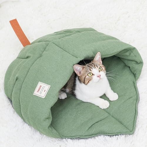 TANGN Cat Sleeping Bag, Linen Fabric Bed Cave Leaf Nest Pet Cuddle Zone Covered Hide Hood Burrowing Cozy Soft Durable Washable with Non-Slip Bottom for Indoor Puppy and Kitten (Green)