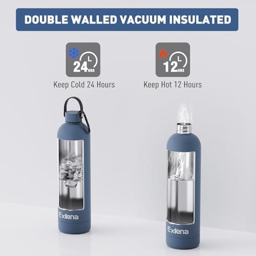 Exllena 1l Water Bottles Metal with Handle Lid and Carabiner, Double Wall Vacuum Drinks Bottle Keeps Drinks Cold 24 Hrs/Hot 12 Hrs, Stainless Steel Water Bottle BPA Free(Whale Blue) — view 5