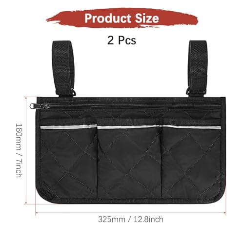 TIXIPEM 12.8"x7" Beach Chair Armrest Bag [2-Pack] - Waterproof Polyester Adjustable Straps Reflective Strip Beach Chair Organizer Use for Camping & Stadium & Patio Chairs [Black] — view 3