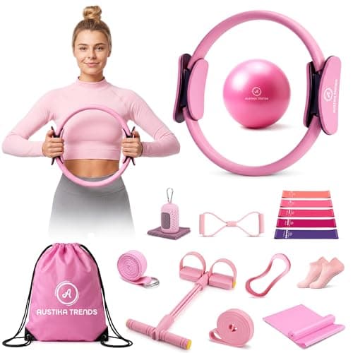 Pilates Equipment Set for Home Workout – 16PCS Fitness Kit with 13'' Pilates Ring, 10'' Exercise Ball & Resistance Bands – Complete Workout Accessories for Women & Beginners,Home Gym Training (Pink)