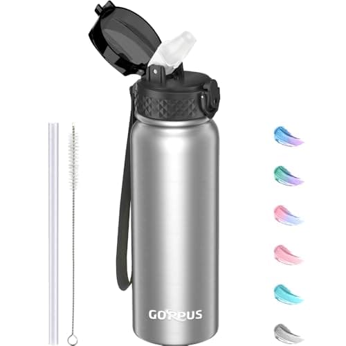 GOPPUS 600ml/20oz Stainless Water Bottle with Straw Double Wall Insulated Bottles with Strap One Hand Open Vacuum Thermal Flask with Flip Top Lid Leakproof Keep Cold Drinks BPA Free (Steel)