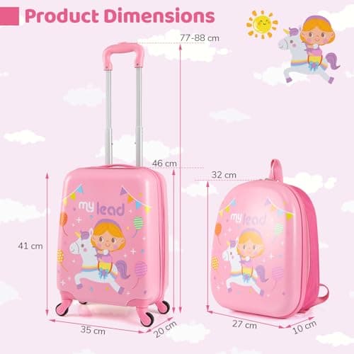 GYMAX 2Pcs Kids Luggage Set, 13" Backpack & 16" Children Hardshell Suitcase with Wheels & Telescopic Handle, Boys Girls Carry On Luggage Set for Travel School (Pink) — view 4