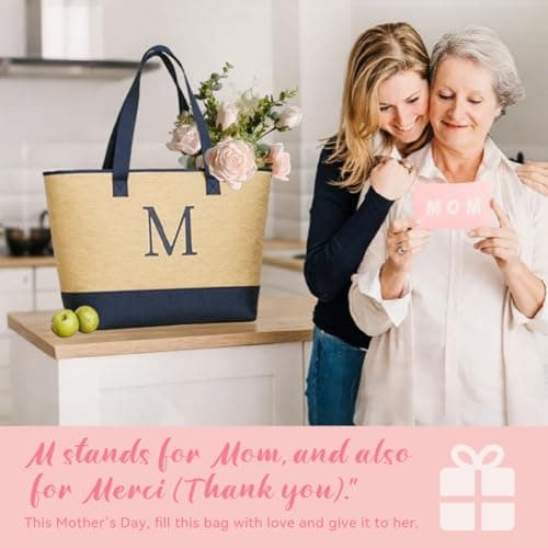KALIDI Initial Personalized Gifts for Women Tote Bag with Zipper Beach Bags Woven Bags Work Bags for Women Friends Mom on Birthday Christmas,Beach,Holiday,Wedding — view 2