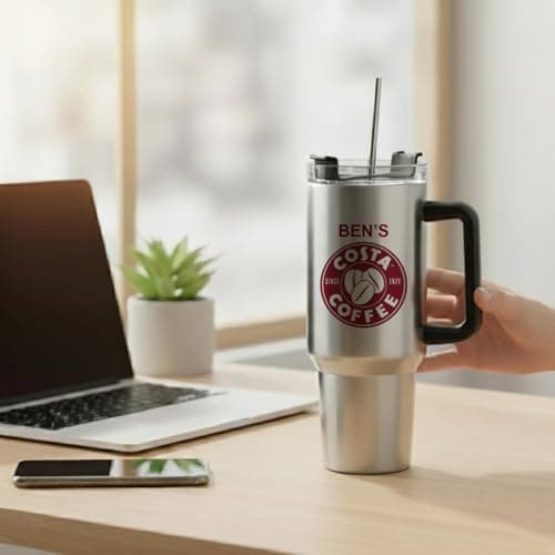 Giftme Personalised with Any Name Costa Unique, 40oz Travel Tumbler with Handle & Straw |Stainless Steel Large Cup | Travel Water Bottle | Car Coffee Mug. (Silver) — view 2