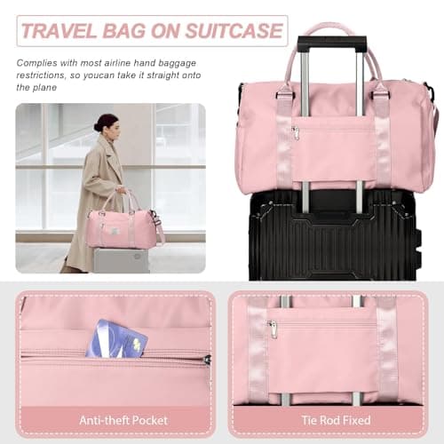 HYC00 Gym Bags Women Men Sports Duffle Bag with Shoes Compartment & Wet Pocket,Travel Duffel Bags for Women Large Weekend Overnight Holdall for Hospital Swimming Carry on Hand Luggage Bags,Pink — view 5