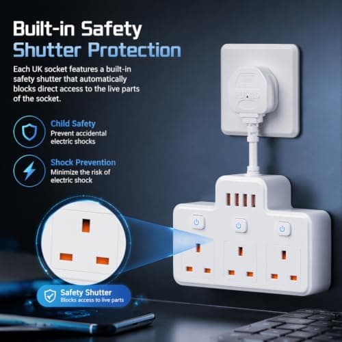 Multi Plug Extension, Short Extension Lead, 3 Way 4 USB Plug Adapter — view 5