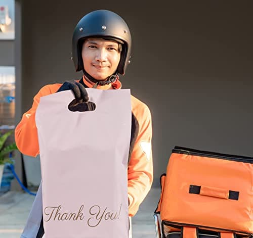 Mailing Bags, 60pcs Rose-Gold Poly Parcel Bags 10x14 Inch(25x35cm) with Handle and “Thank You” Self Seal Waterproof Envelope Shipping Bag for Assorted Post Shipping Parcels Package Bag — view 3