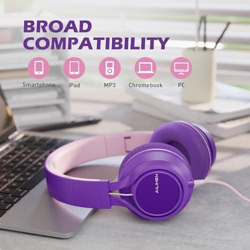 Ailihen C8 Headphones Wired with Mic Foldable and Adjustable, Purple Pink — view 6