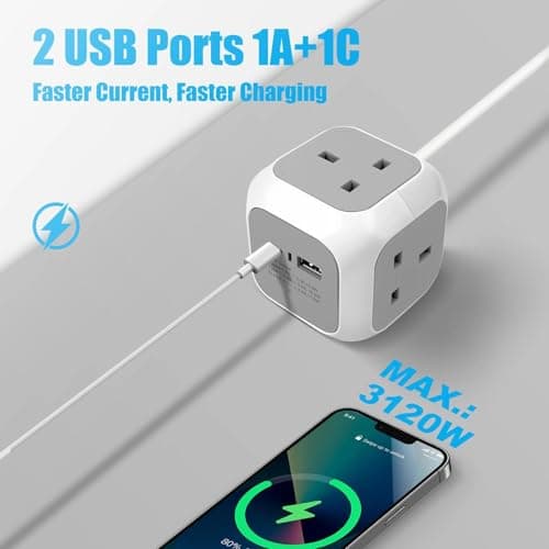 EXTRASTAR 4 Way Cube Extension Lead 1.5M, Power Cube Usb C 3120W, Cube Plug Extension with 2 Usb Ports(5V/3.4A) for Home Office Dorm and Travel - Grey — view 2