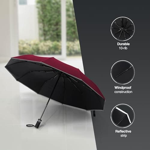 KEPLIN Folding Travel Umbrella Compact with Case (Cabernet), Auto Open & Close Handle, Windproof Strong, Golf 10 Ribs, Folding, Compact Windproof Umbrella — view 3