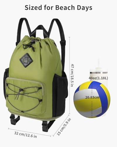 WANDF Drawstring Gym Bag Swim Bag with Removable Wet Pocket, Sandproof Beach Backpack with Compression Strap for Mat for Pool, Travel, Workout Gear (Green) — view 4