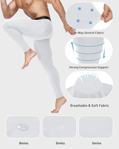 Runhit Mens Compression Pants with Pockets, Sports Base Layer Trousers, Thermal Tights Cycling Leggings for Running Training White M — view 3