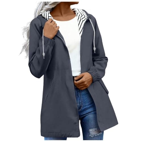 Gkojhj Womens Waterproof Jackets Lightweight Hooded Long Rain Coat Rain Jacket Ladies Functional Windbreaker Jacket Softshell Plus Size Breathable Hiking Outdoor Trench Coats