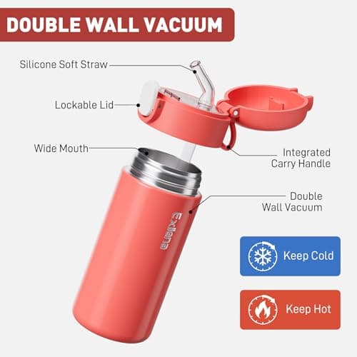 Exllena 300ml Small Water Bottle with One-Touch Soft Straw Lid, Double-Wall Vacuum Insulated Small Flask for Hot&Cold Drinks–Leak-Proof, Mini Water Bottle for Handbag, Yoga, Sport (Coral Red) — view 3