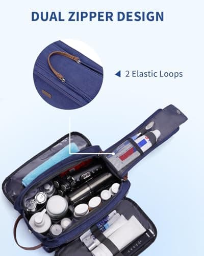 WANDF Toiletry Bag for Men Travel Wash Bag Toiletry Organizer Canvas and PU Leather Dopp Kit Water-Resistant Shaving Kit for Travel Accessories (Blue, Patent Pending) — view 6